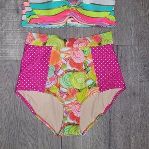 Iconic By Unique Vintage Candy Swirl & Polka Dot High-Waisted Bikini Bottoms M